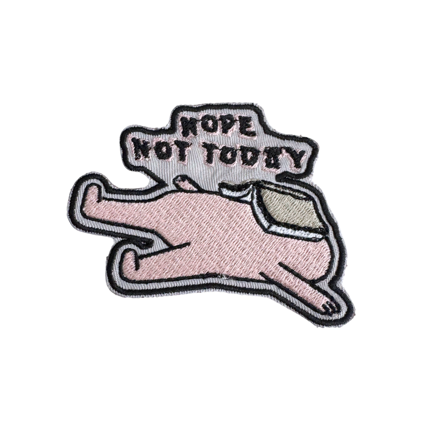 Handmade "Nope, Not Today" embroidered patch with a pink lazy sloth design on a black background.

