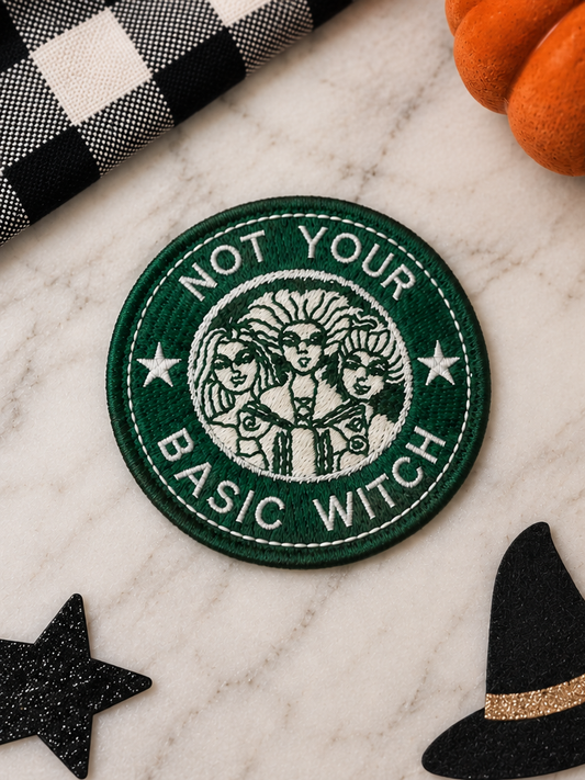 Not Your Basic Witch embroidered iron-on patch styled for Halloween