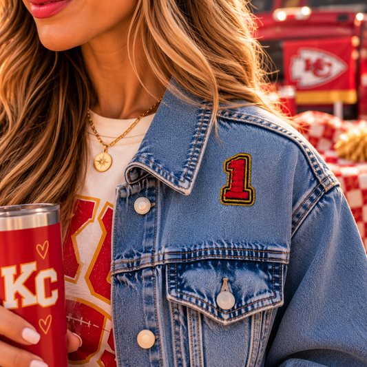 #1 red gold and black patch styled on denim jacket