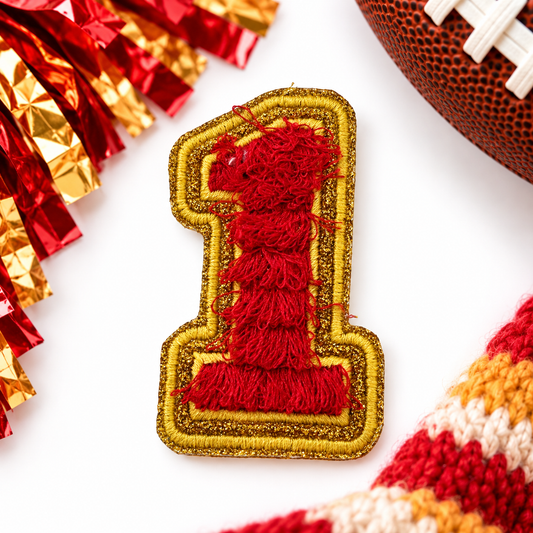 Number 1 red and gold embroidered iron-on patch