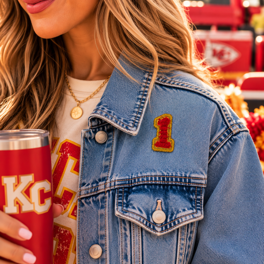 Number 1 red and gold patch styled on denim jacket