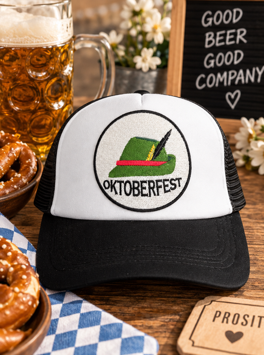 Black and white Oktoberfest patch trucker hat styled product photo