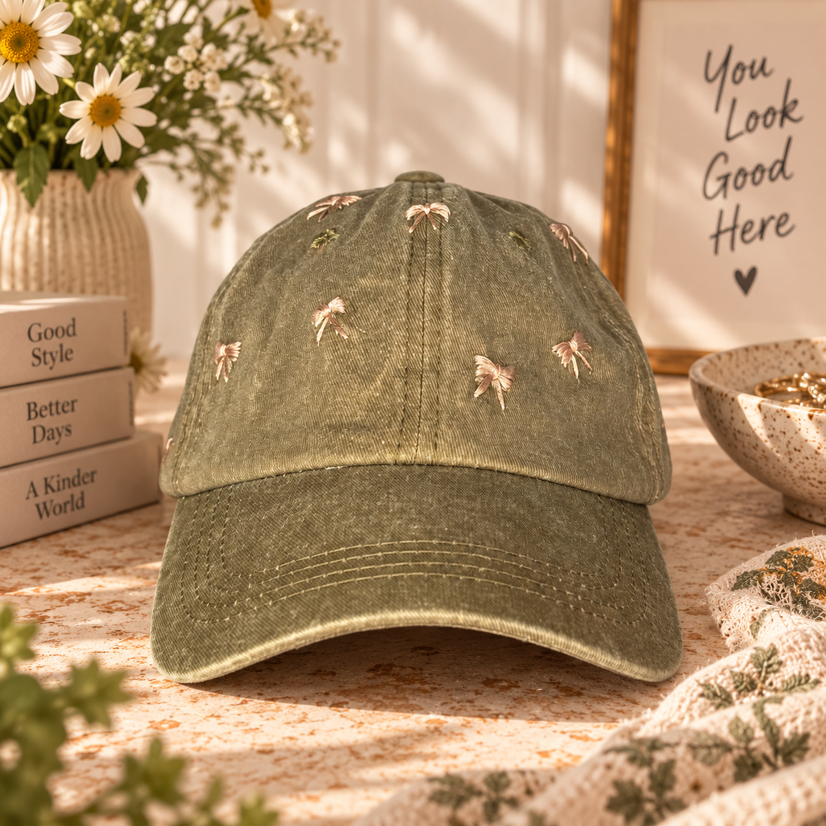 Olive washed cotton hat with hand-embroidered blush bows in a warm styled setting