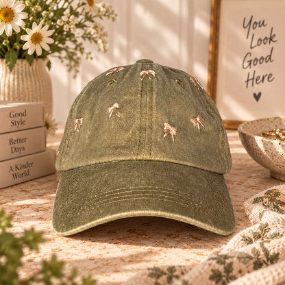 Olive washed cotton hat with hand-embroidered blush bows in a warm styled setting