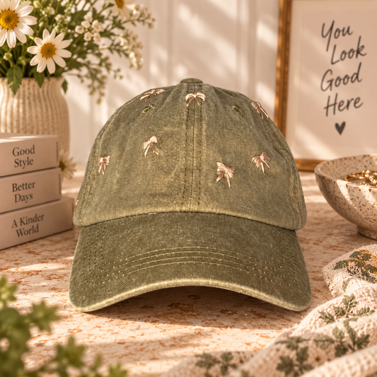 Olive washed cotton hat with hand-embroidered blush bows in a warm styled setting