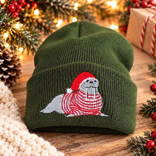 Olive green embroidered Santa walrus beanie styled in a warm holiday scene.