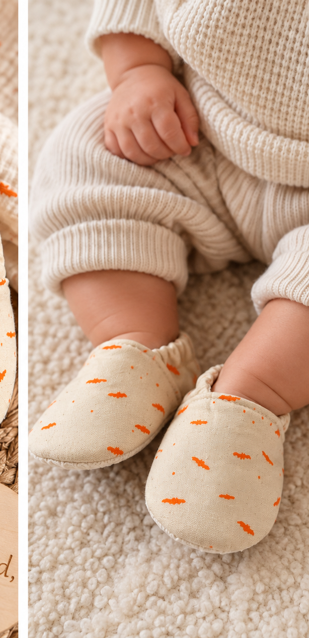 Baby wearing cream and orange bat print handmade soft sole shoes