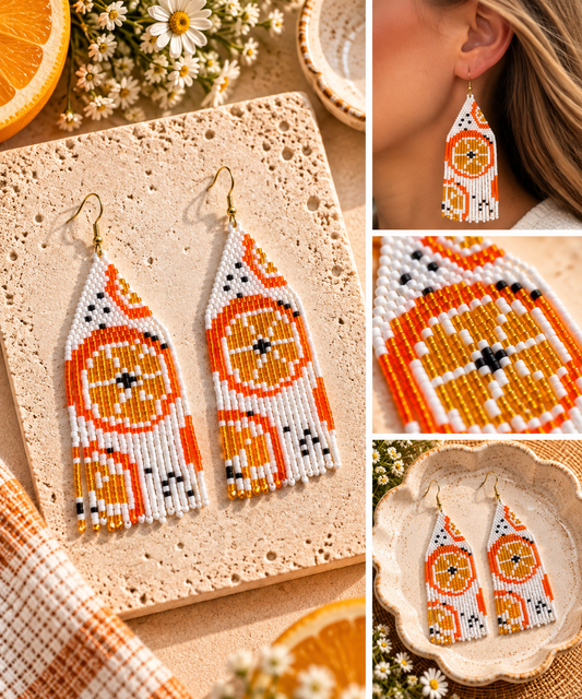 Orange white gold and black hand-beaded citrus fringe statement earrings