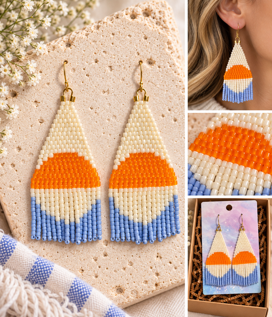 Orange, ivory and periwinkle hand-beaded fringe earrings shown flat, worn, close up and packaged
