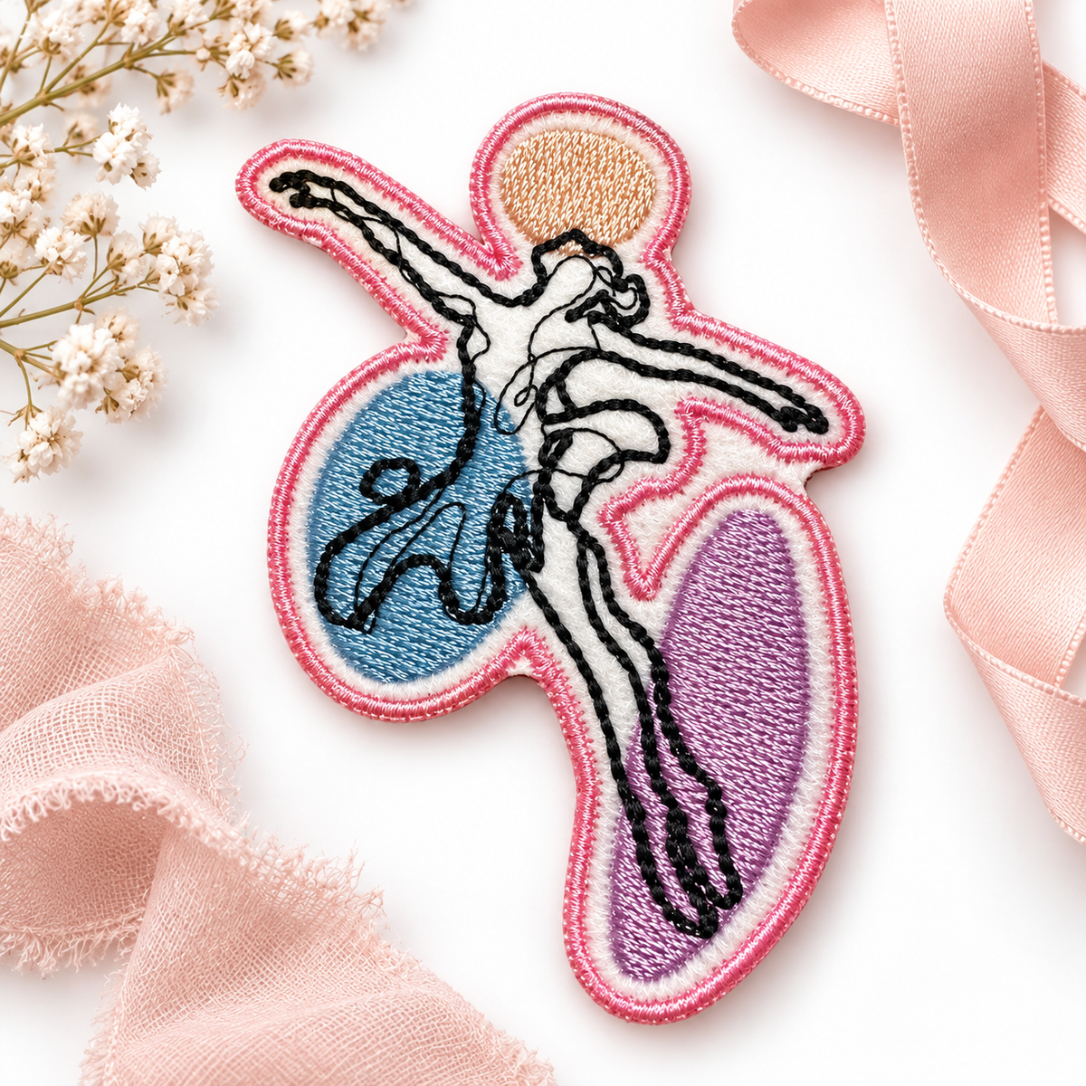 Pastel ballerina embroidered patch with pink border, blue, lavender and peach stitching