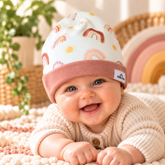 Baby wearing pastel rainbow and sun beanie with dusty rose cuff during supervised tummy time