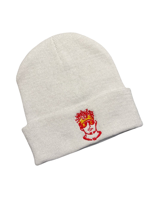 white knit beanie embroidered with a fan art version of Patrick mahomes