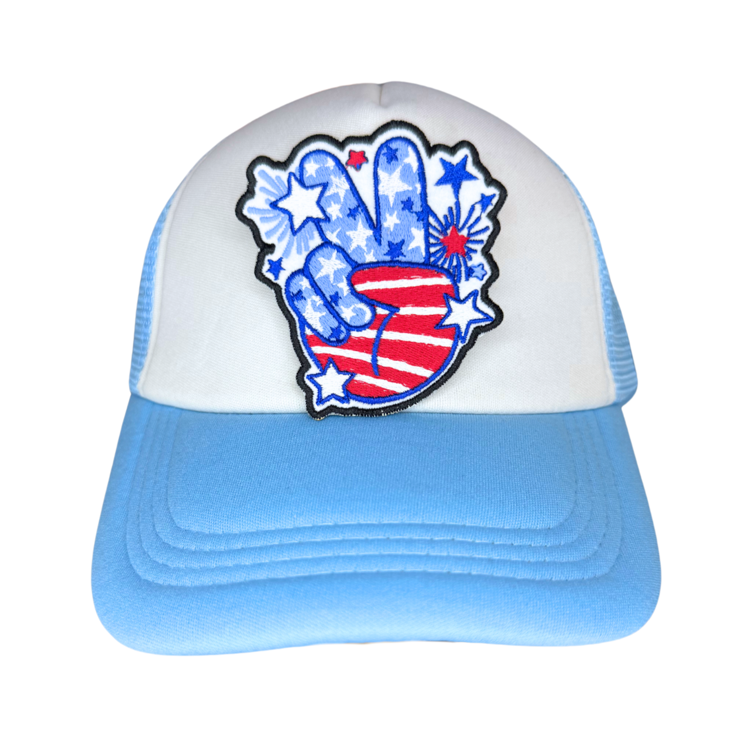 Peace fingers patch on white and blue trucker hat