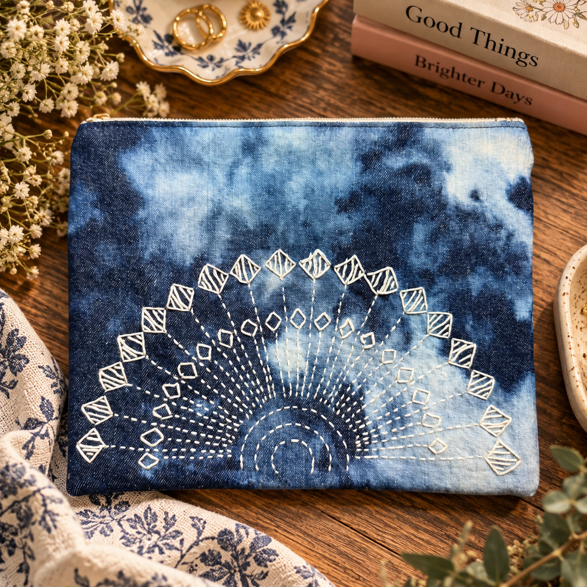 Hand-stitched Peacock Sashiko zipper clutch styled product photo
