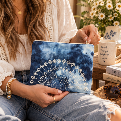 Hand-stitched Peacock Sashiko zipper clutch held at realistic scale