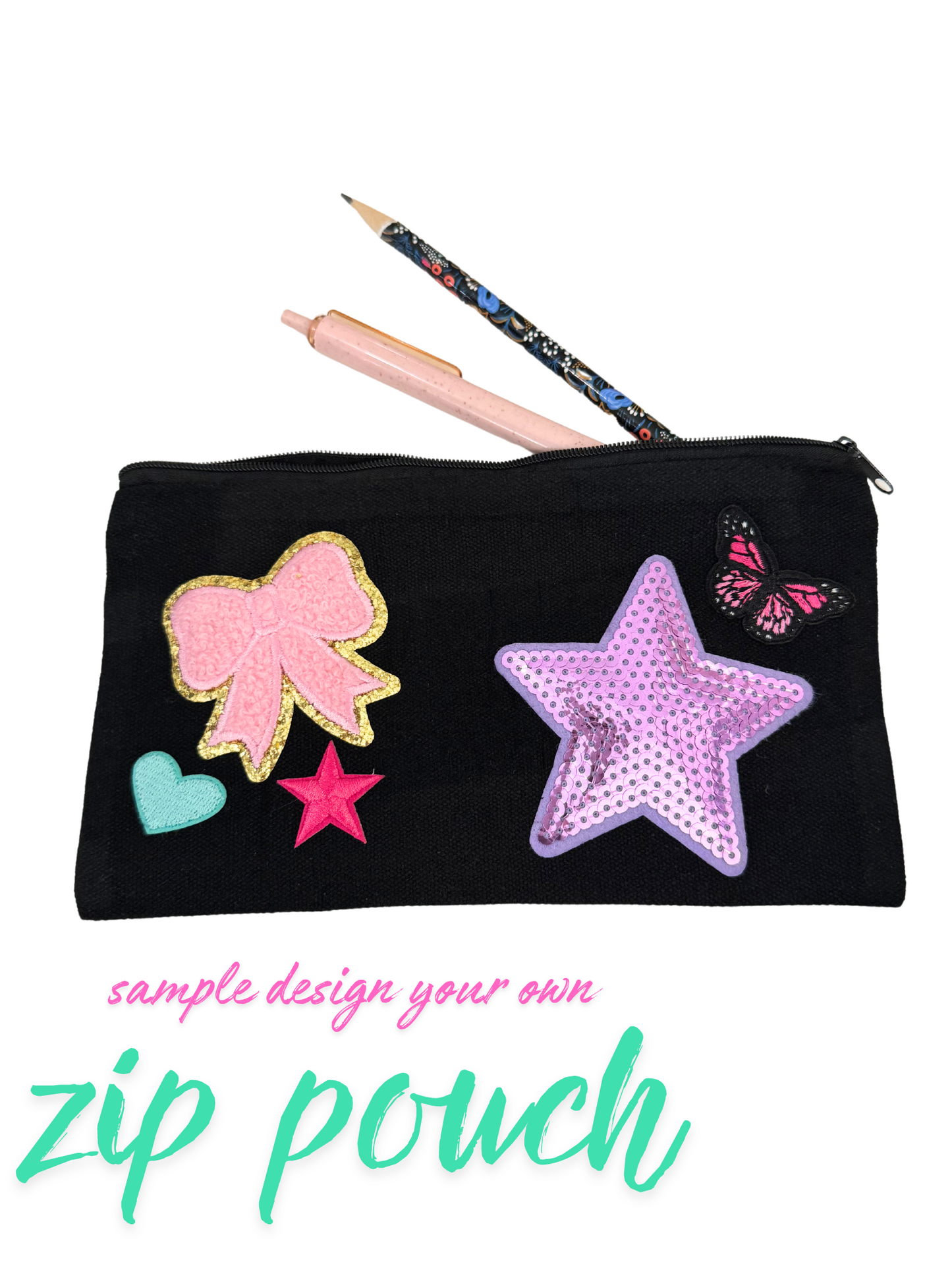 Black zipper pouch with colorful patches, perfect for customization and versatile use.