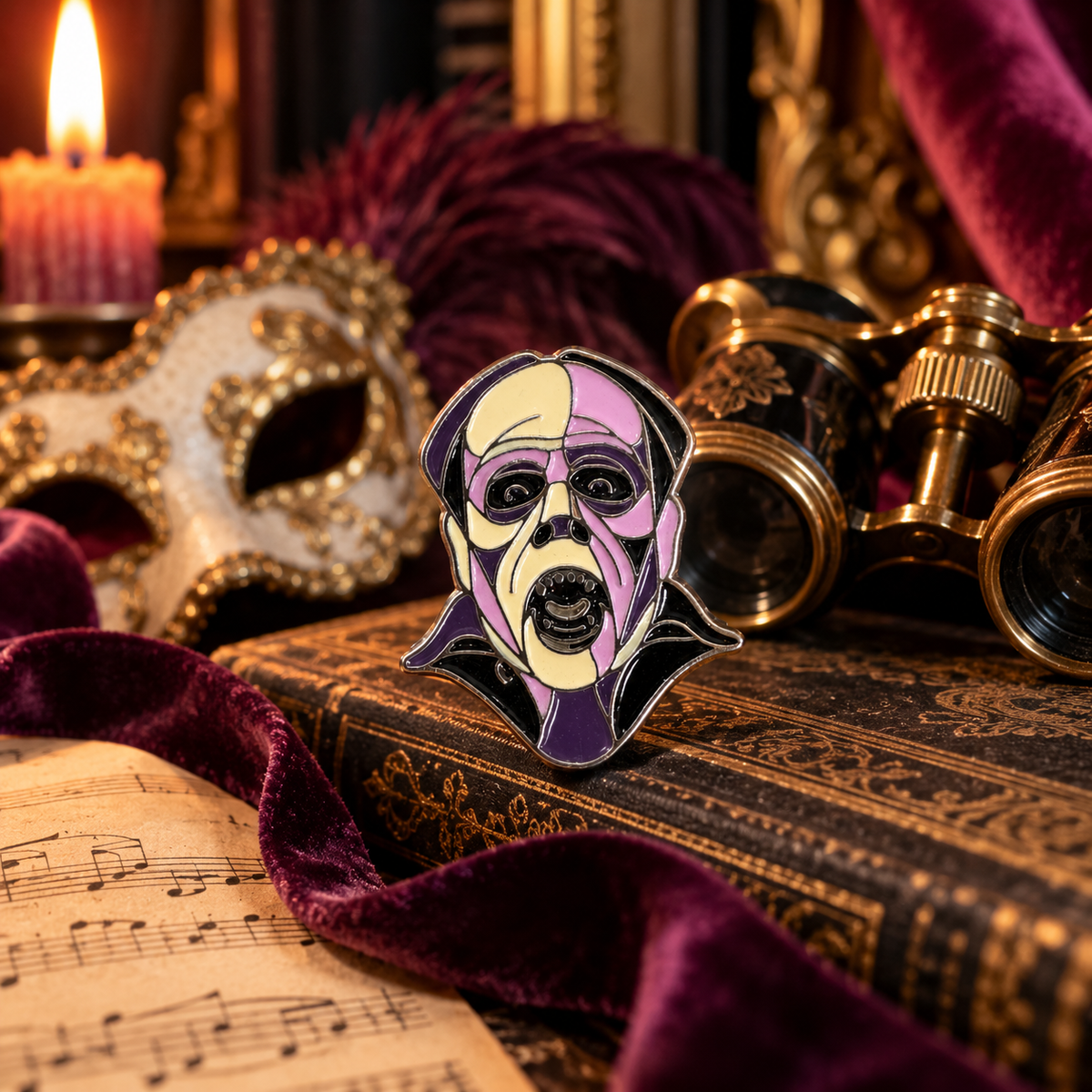 Phantom inspired enamel pin styled in a vintage theatrical scene