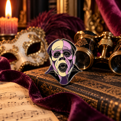 Phantom inspired enamel pin styled in a vintage theatrical scene