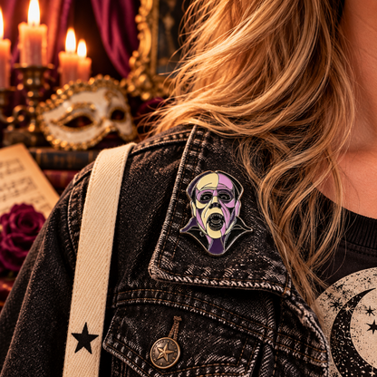 Phantom inspired enamel pin worn on a black denim jacket