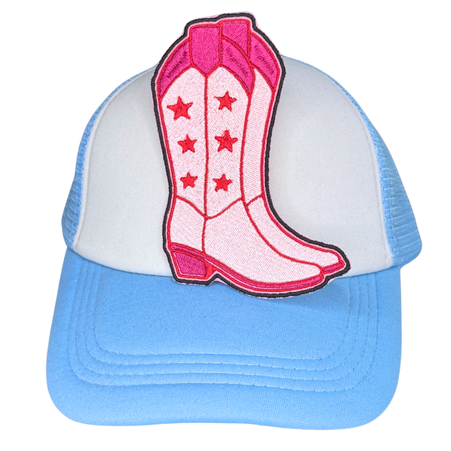Pink western boot patch ironed on white and blue trucker hat


