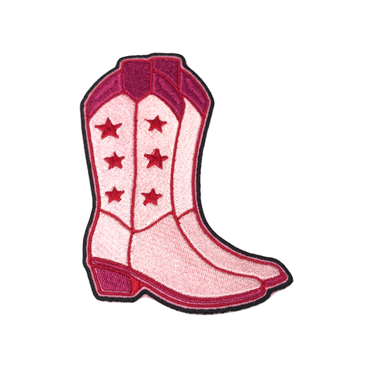 Pink embroidered cowgirl boot patch with red star details
