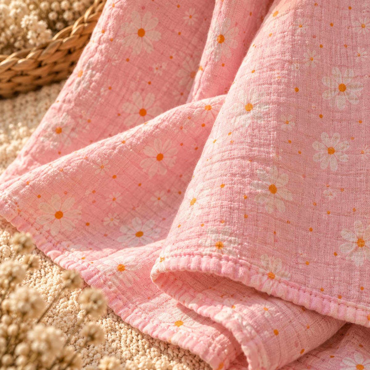 Pink daisy cotton gauze swaddle fabric and finished edge detail
