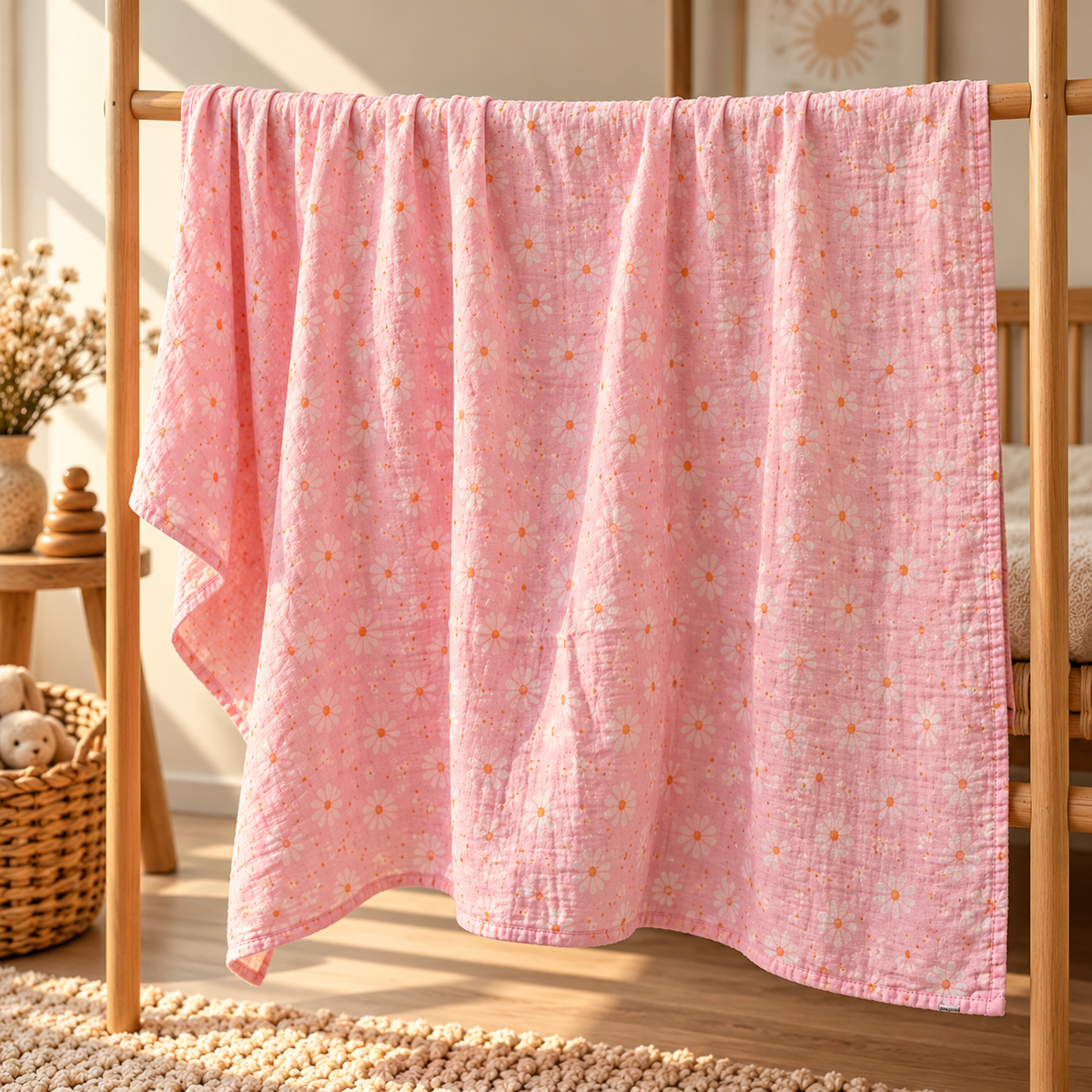 Pink daisy cotton gauze baby swaddle full size and drape