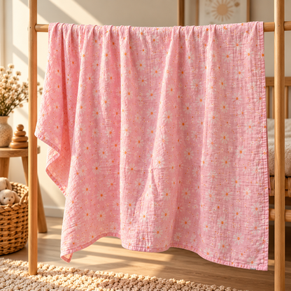 Pink daisy cotton gauze baby swaddle full size and drape