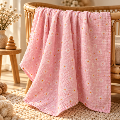 Pink daisy cotton gauze baby swaddle in a warm nursery