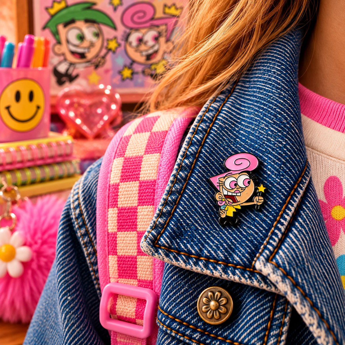 Pink fairy enamel pin lifestyle image