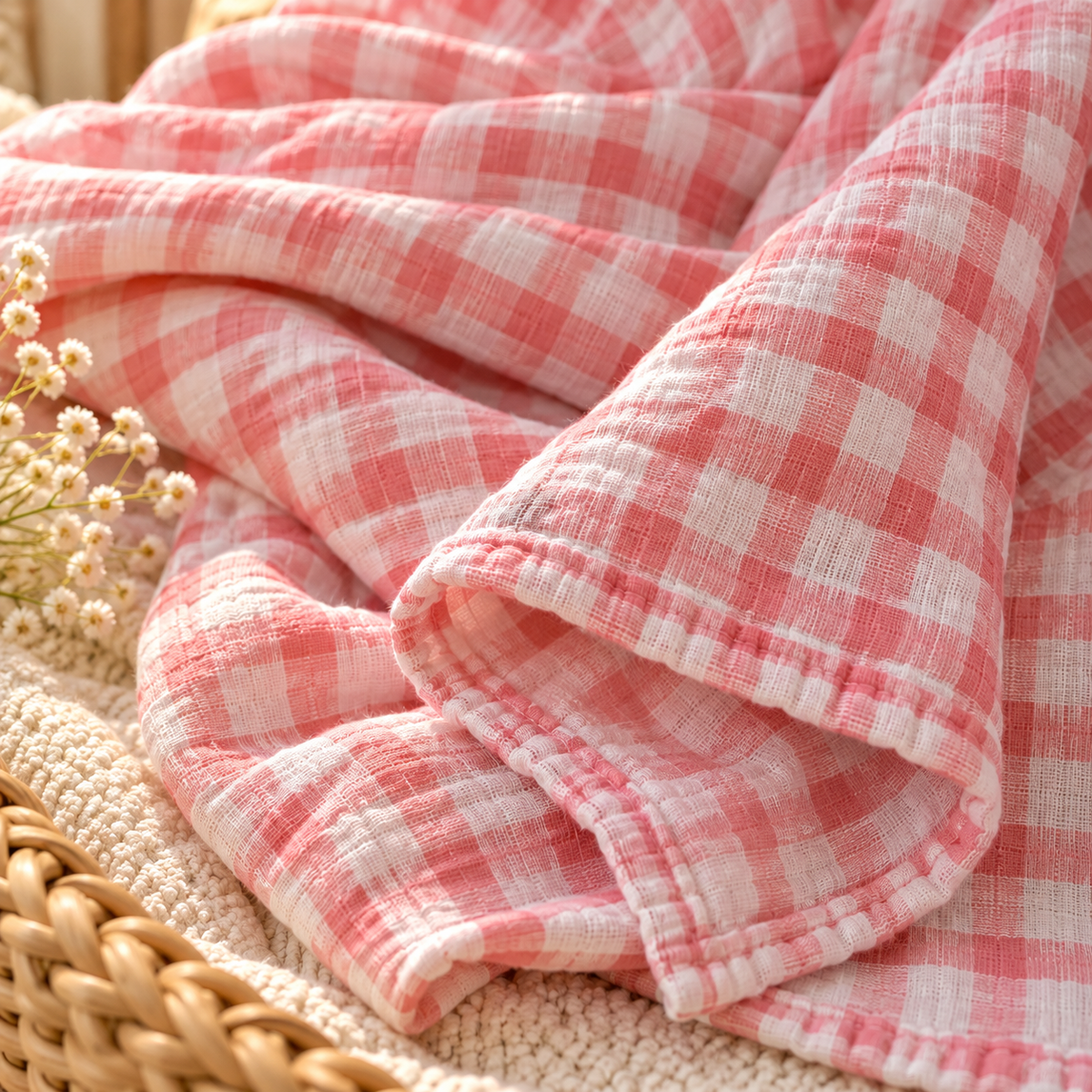 Pink gingham cotton gauze baby swaddle fabric texture and finished edge