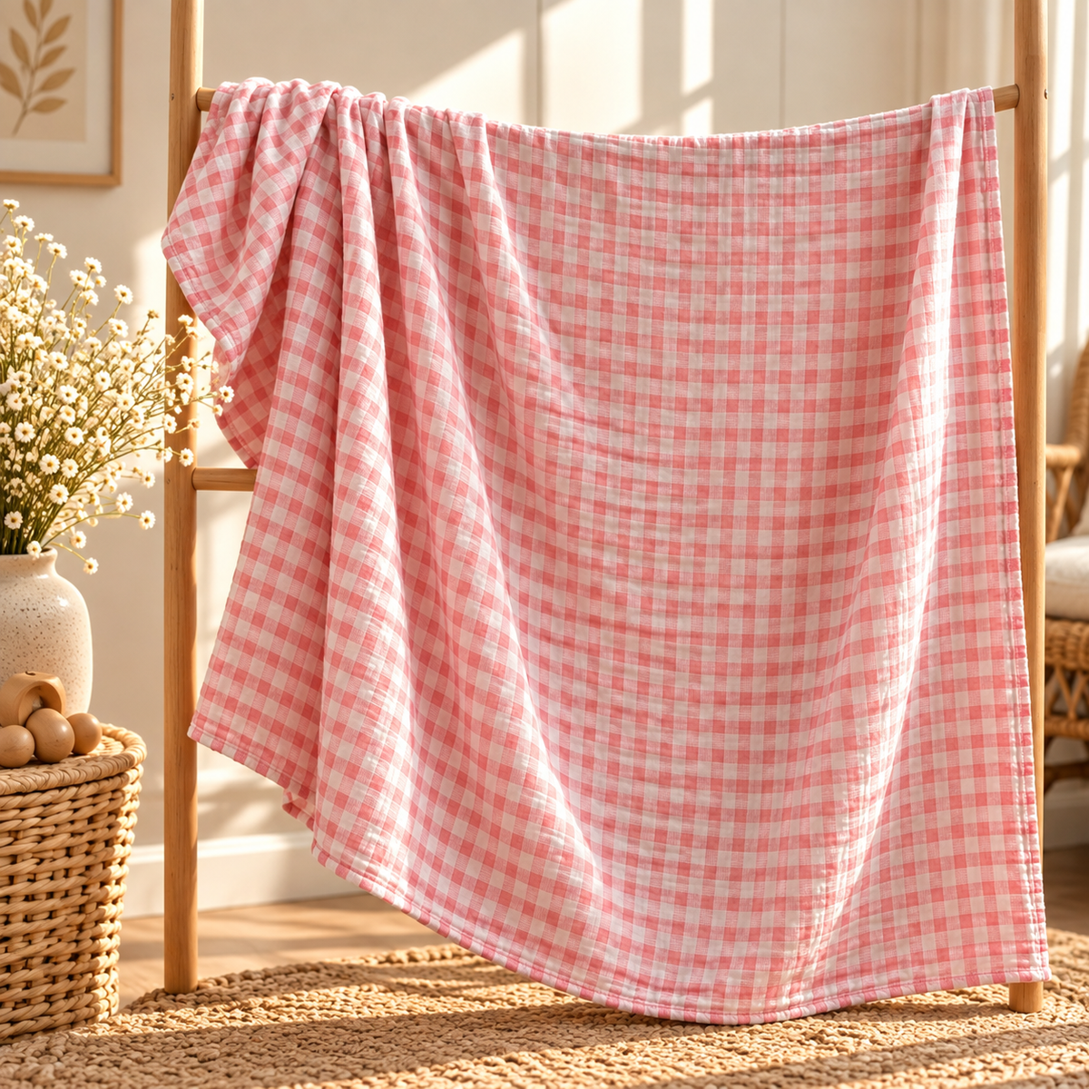 Pink gingham cotton gauze baby swaddle full size and drape