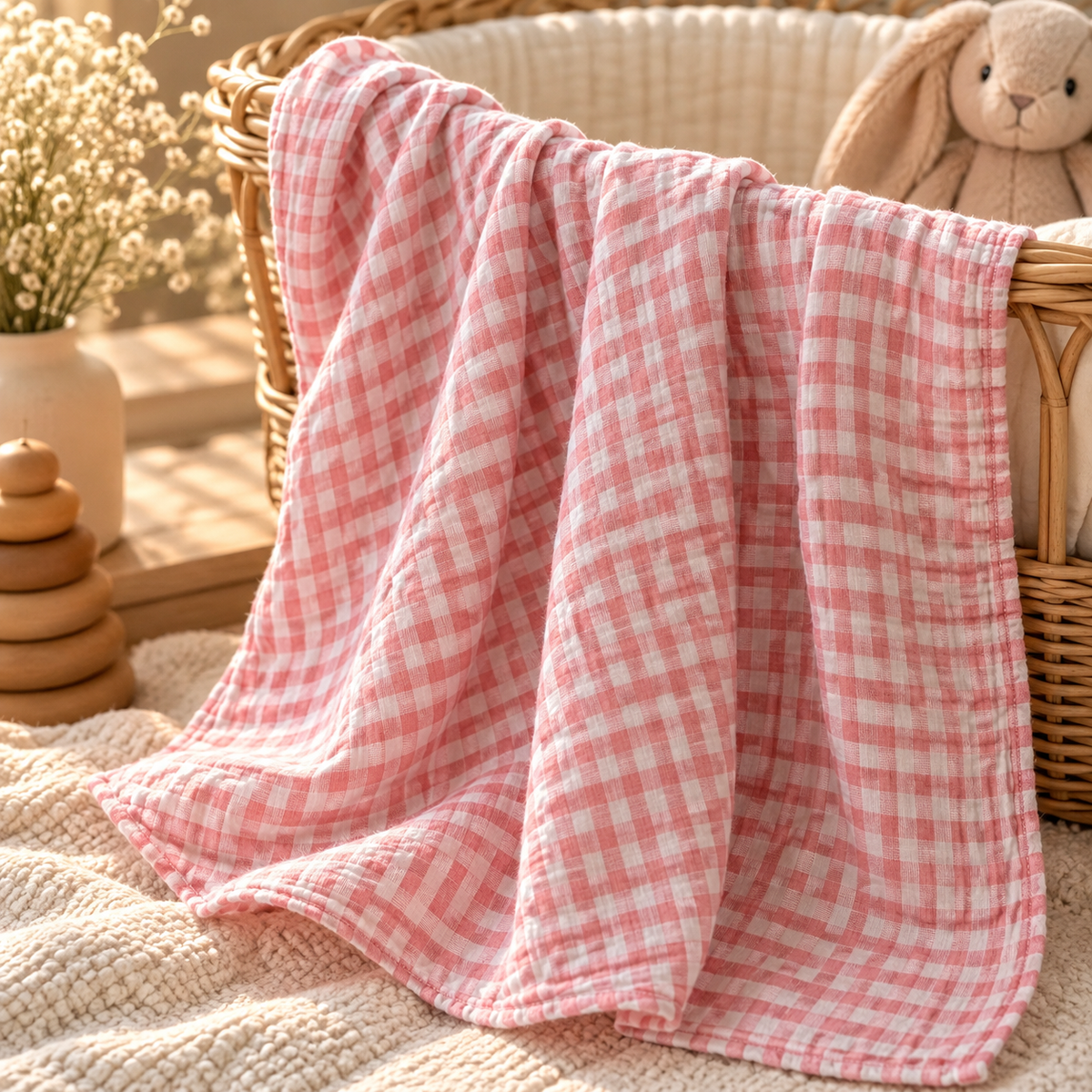 Pink gingham cotton gauze baby swaddle styled in a warm nursery