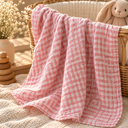 Pink gingham cotton gauze baby swaddle styled in a warm nursery