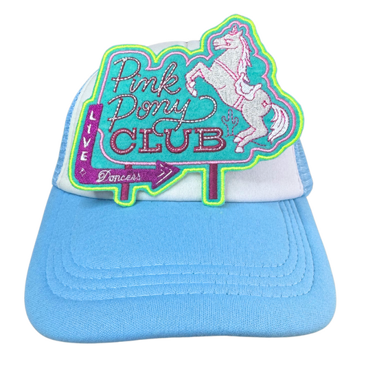 Light blue and white trucker hat with an embroidered Pink Pony Club patch attached.

