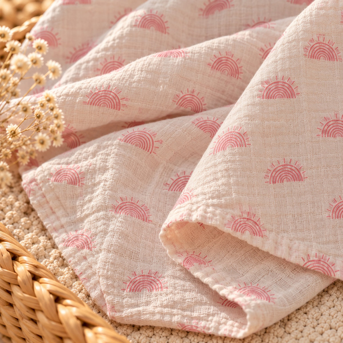 Blush rainbow cotton gauze swaddle fabric and finished edge detail