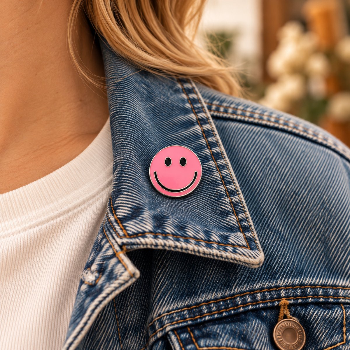 One-inch pink smiley enamel pin on a blue denim jacket collar