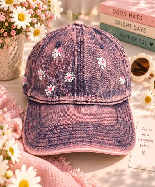 Pink stone-wash hand embroidered daisy cap styled with daisies and colorful accessories