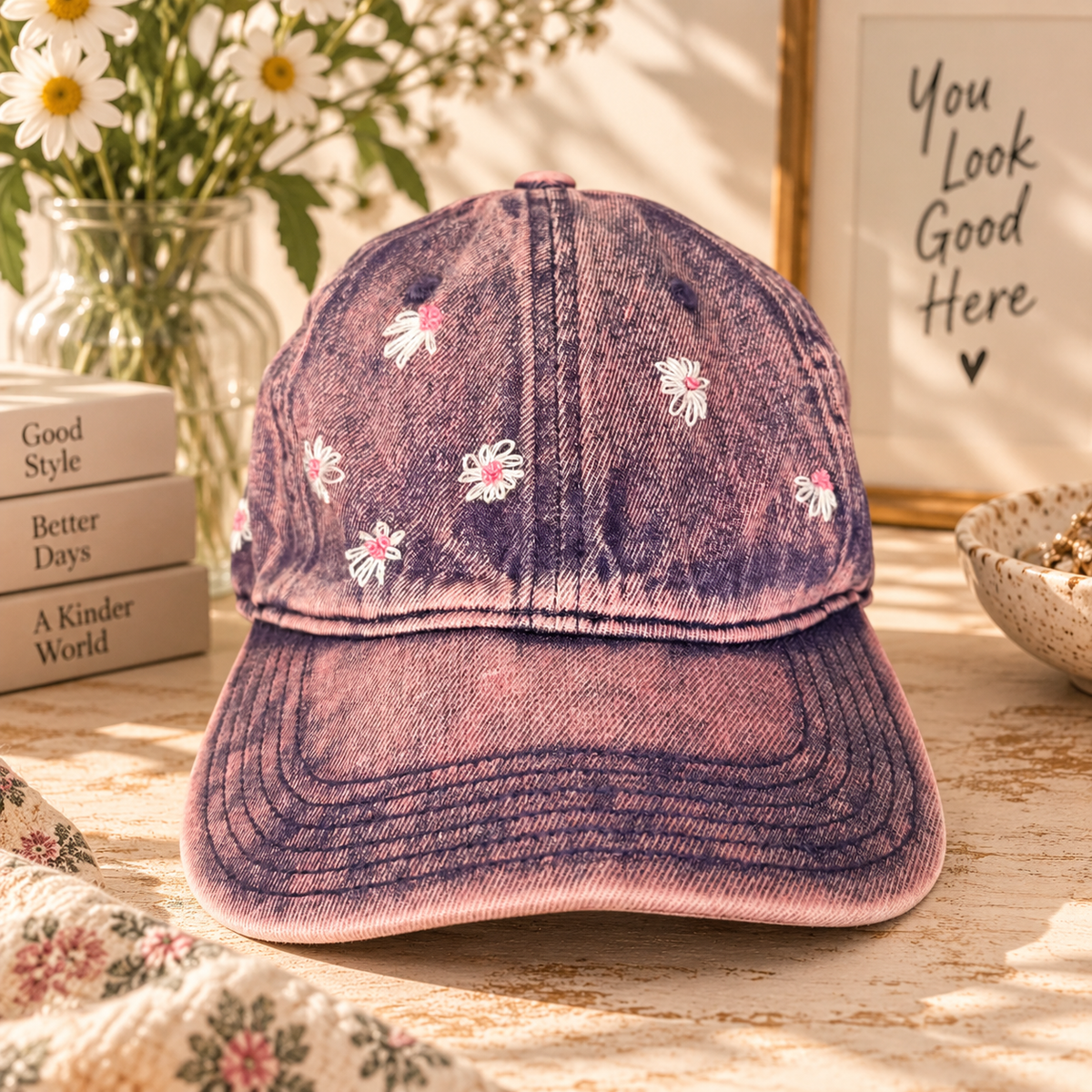 Pink stone-wash baseball cap with hand-embroidered daisies in a warm styled setting