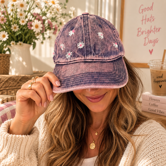 Woman wearing pink stone-wash baseball cap with hand-embroidered daisies