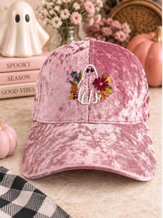 Hand-embroidered pink velvet floral ghost hat styled for spooky season
