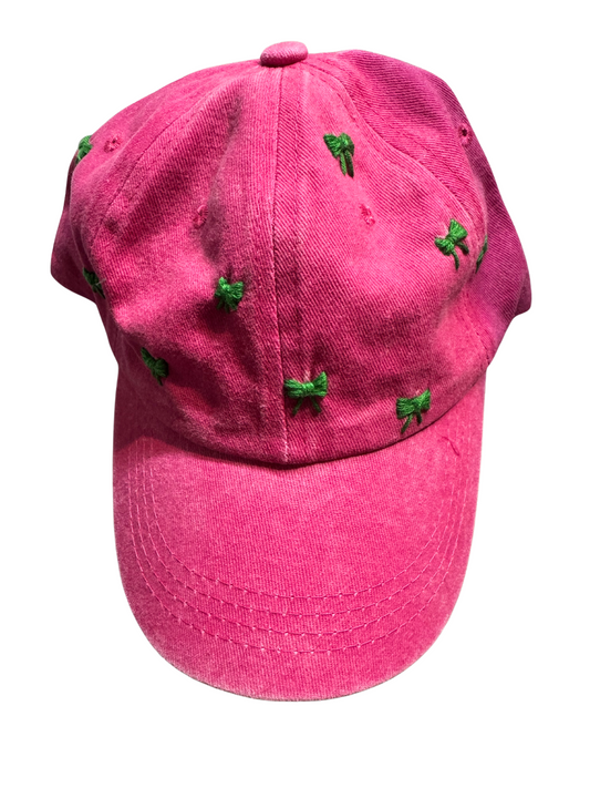 Hand Embroidered Pink Hat with Green Bows – Adjustable Cotton Baseball Cap – One of a Kind Artisan Embroidered Hat – Handmade in Kansas City