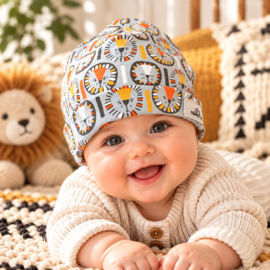 Smiling baby wearing gray orange and yellow lion-print beanie during supervised tummy time