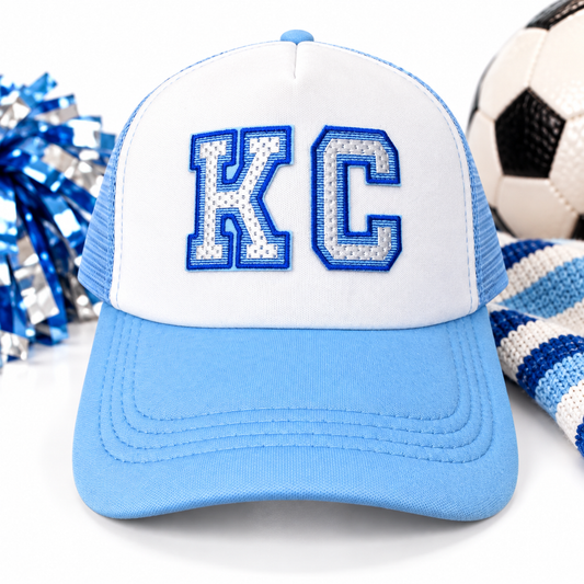 Powder Blue and White KC Trucker Hat styled hero