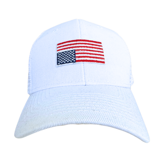 White trucker hat with an embroidered upside-down American flag, symbolizing political protest.
