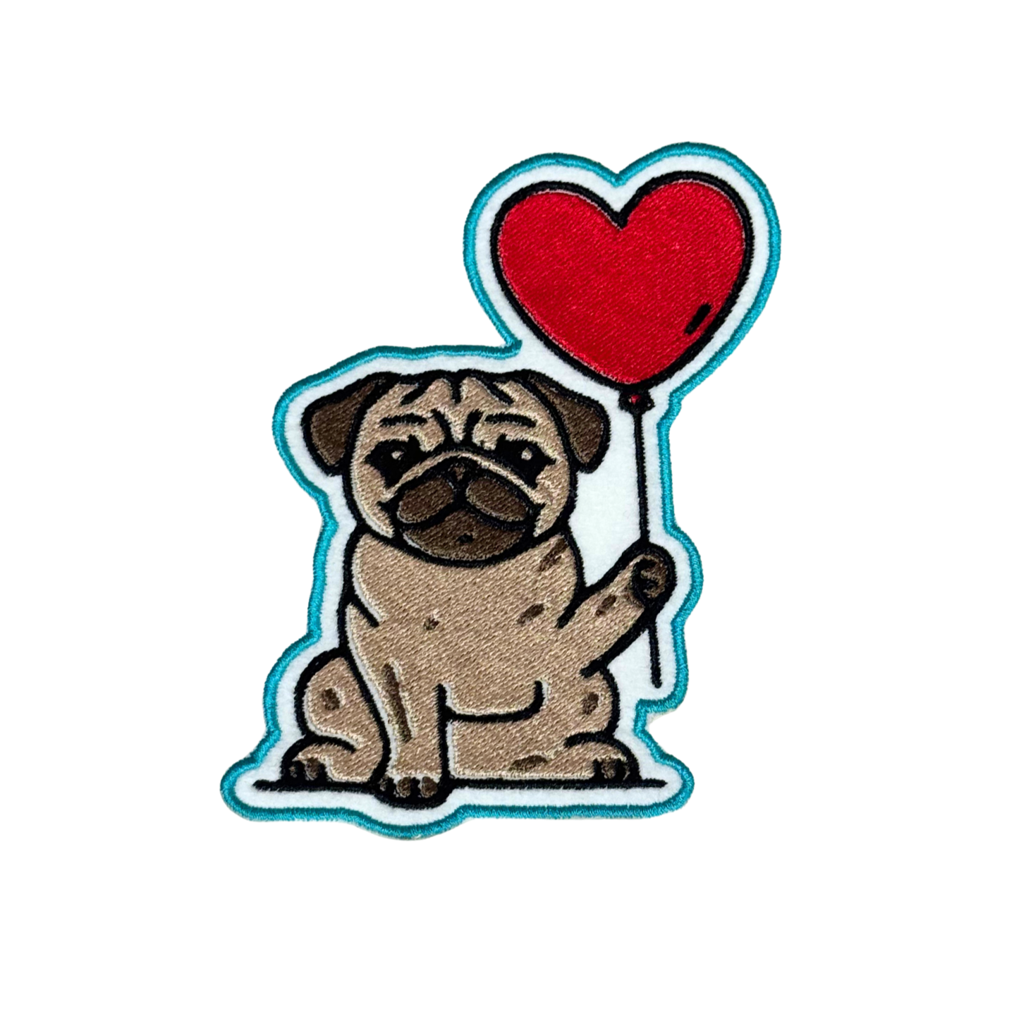 Handmade embroidered patch of a pug holding a red heart balloon on a white background