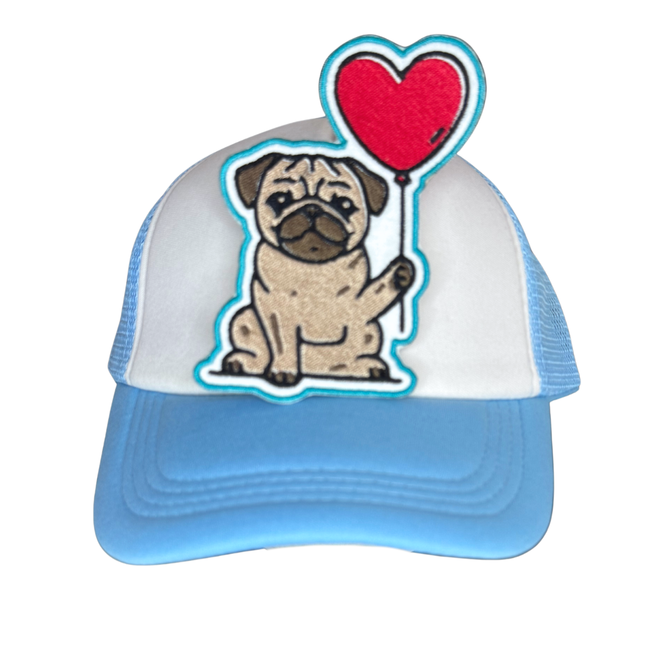 Pug patch displayed on a white and blue trucker hat for scale
