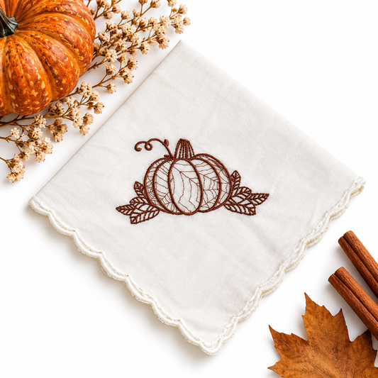 Pumpkin embroidered scalloped-edge handkerchief styled hero photo