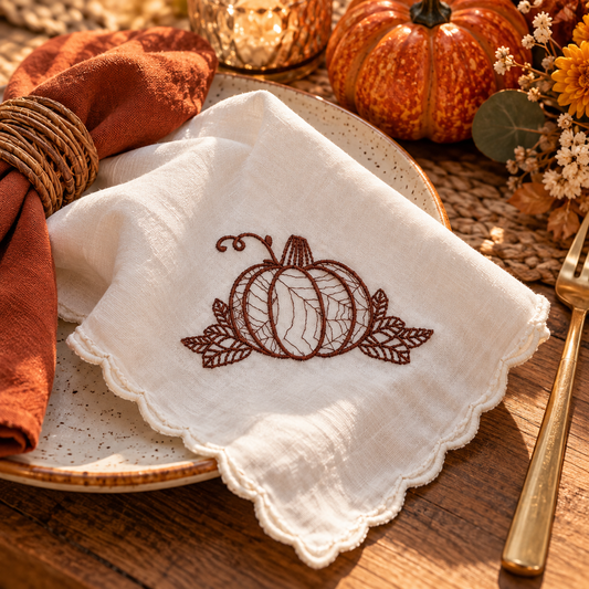 Pumpkin embroidered scalloped-edge handkerchief styled in an autumn tablescape