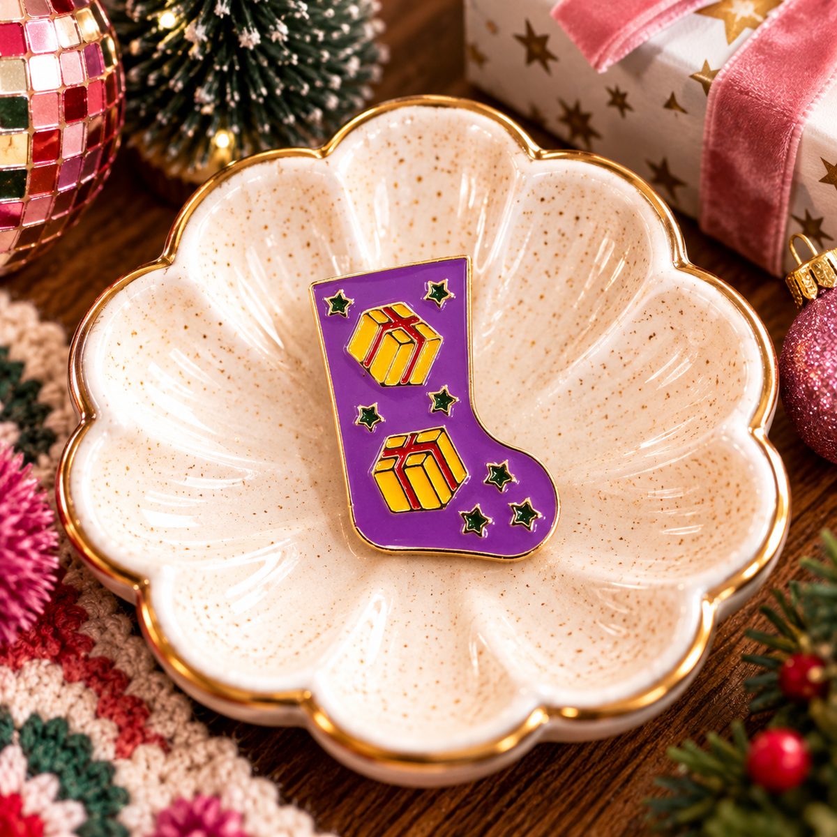 Purple Christmas stocking enamel pin festive hero image